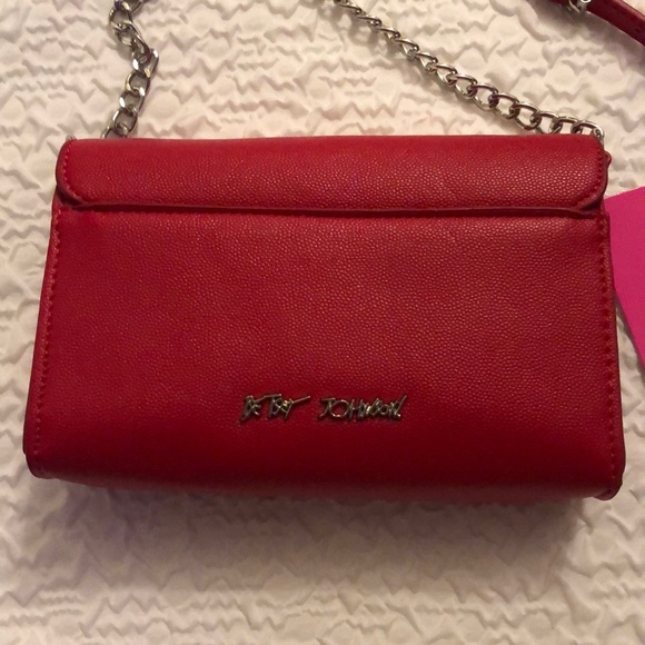 Betsey Johnson Crimson Faux Leather Crossbody Studded Hearts & Chain Accents NWT - Picture 10 of 16